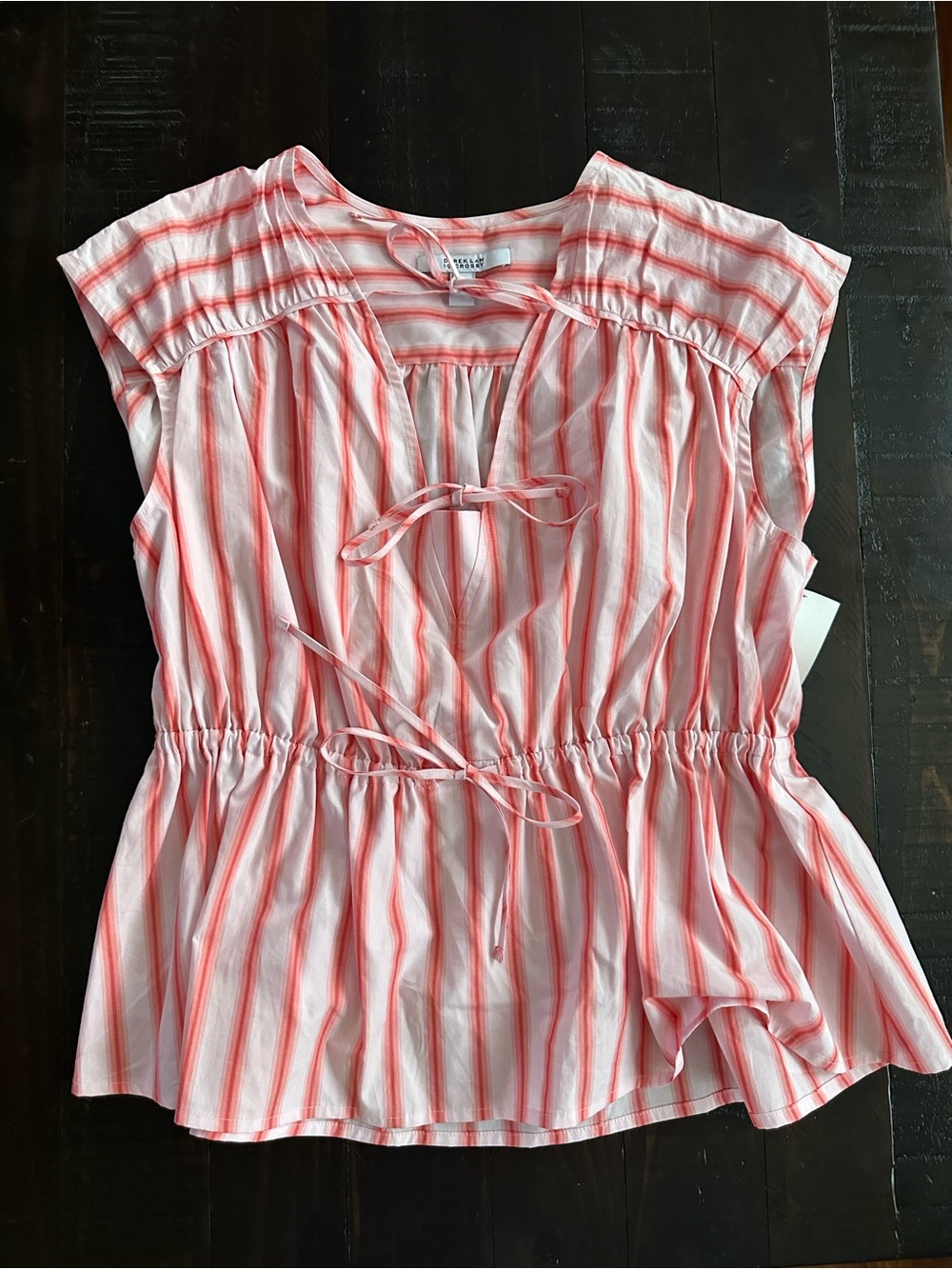 Derek Lam 10 Crosby size L Caroline Stripe Cotton Peplum Top Plunge Pink NEW